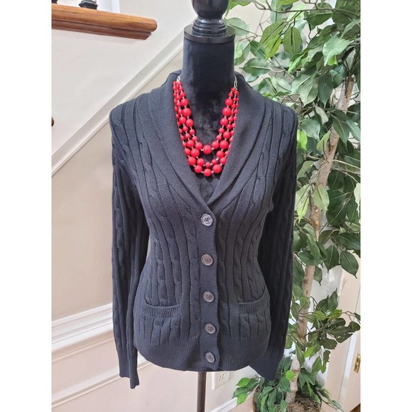 Chaps Women Black 100% Cotton Long Sleeve Buttons Front Cardigan Sweater Size L - Picture 2 of 9